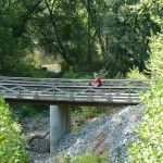 bike rider on trail bridge