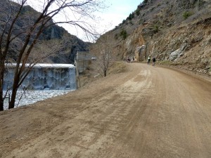 Waterton Canyon trail goes by a dam spillway.